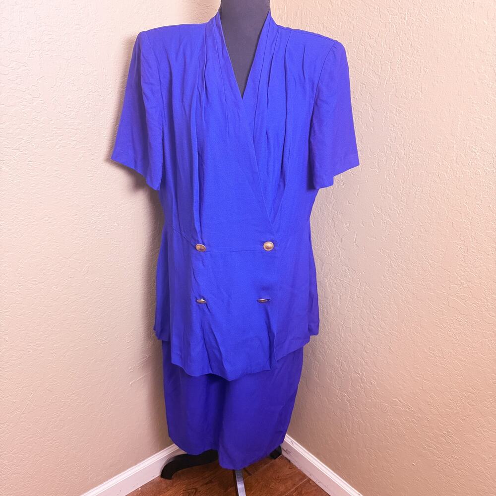 Lois Snyder Dani Max Blue 2 Pc Skirt Suit Set Women Size 14 Made in USA